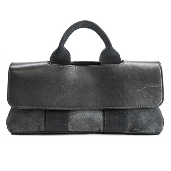 HERMES Valparaiso Long PM Tote Bag in Toile Chevron Leather, Black - Picture 1 of 16